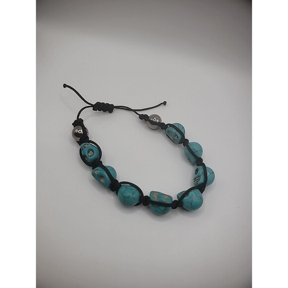 Howlite Turquoise Skull Bracelet Black Adustable Silver Tone Jewelry Costume - Picture 9 of 10